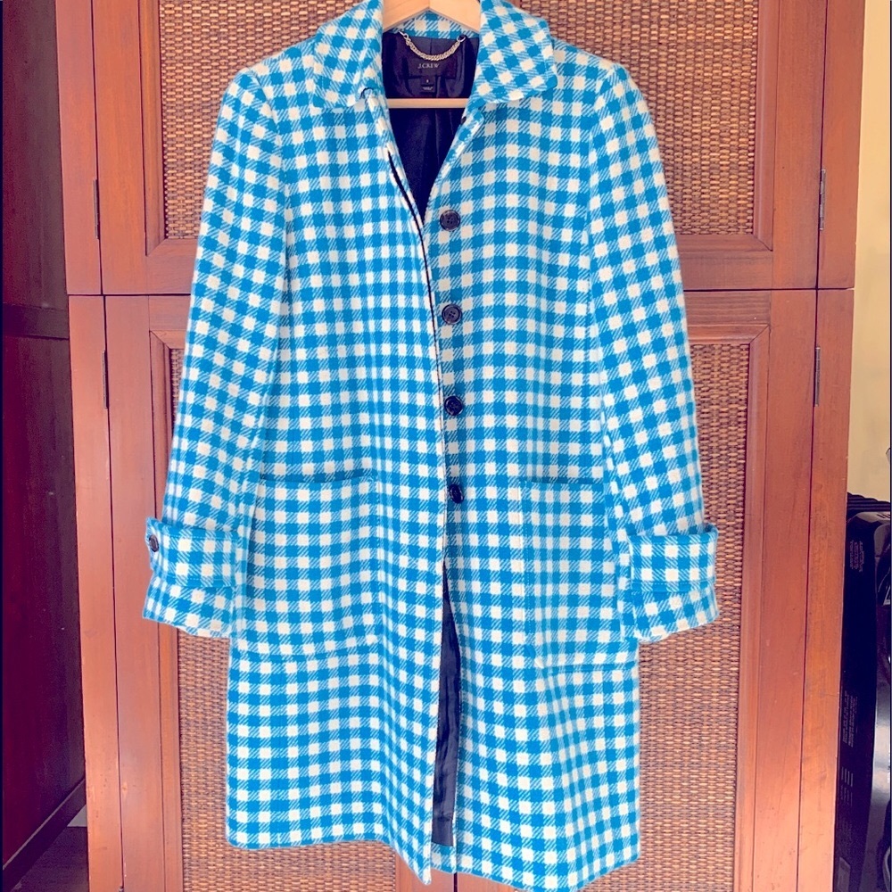 J Crew Wool Coat - Gingham Blue Print - NWOT